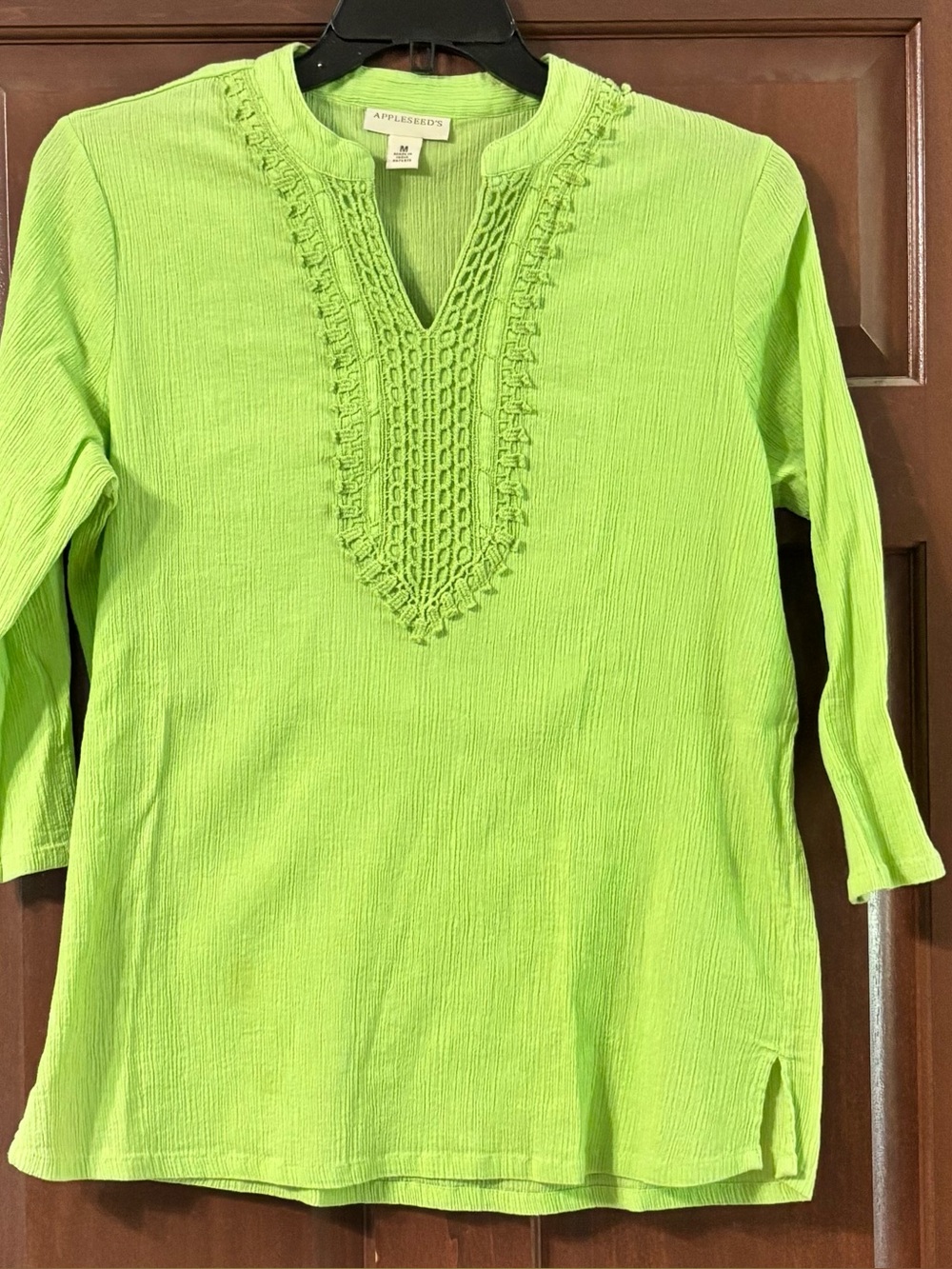Appleseeds green 100% Cotton Gauze Crochet Trim Boho Tunic Blouse Medium